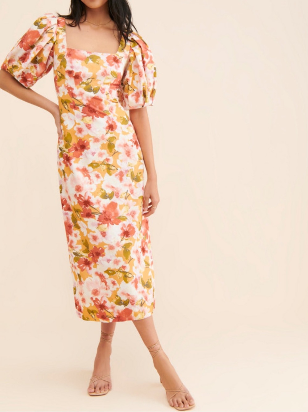 Moon River NWT Square Neck Puffed Sleeve Dress Small Anthropologie Orange Cream